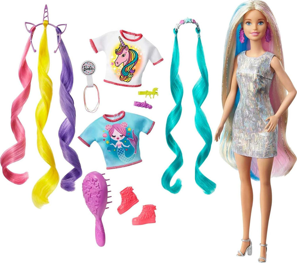 Barbie Fantasy Hair – Muñeca con 2 Looks de Fantasía: Unicornio y Sirena + Accesorios