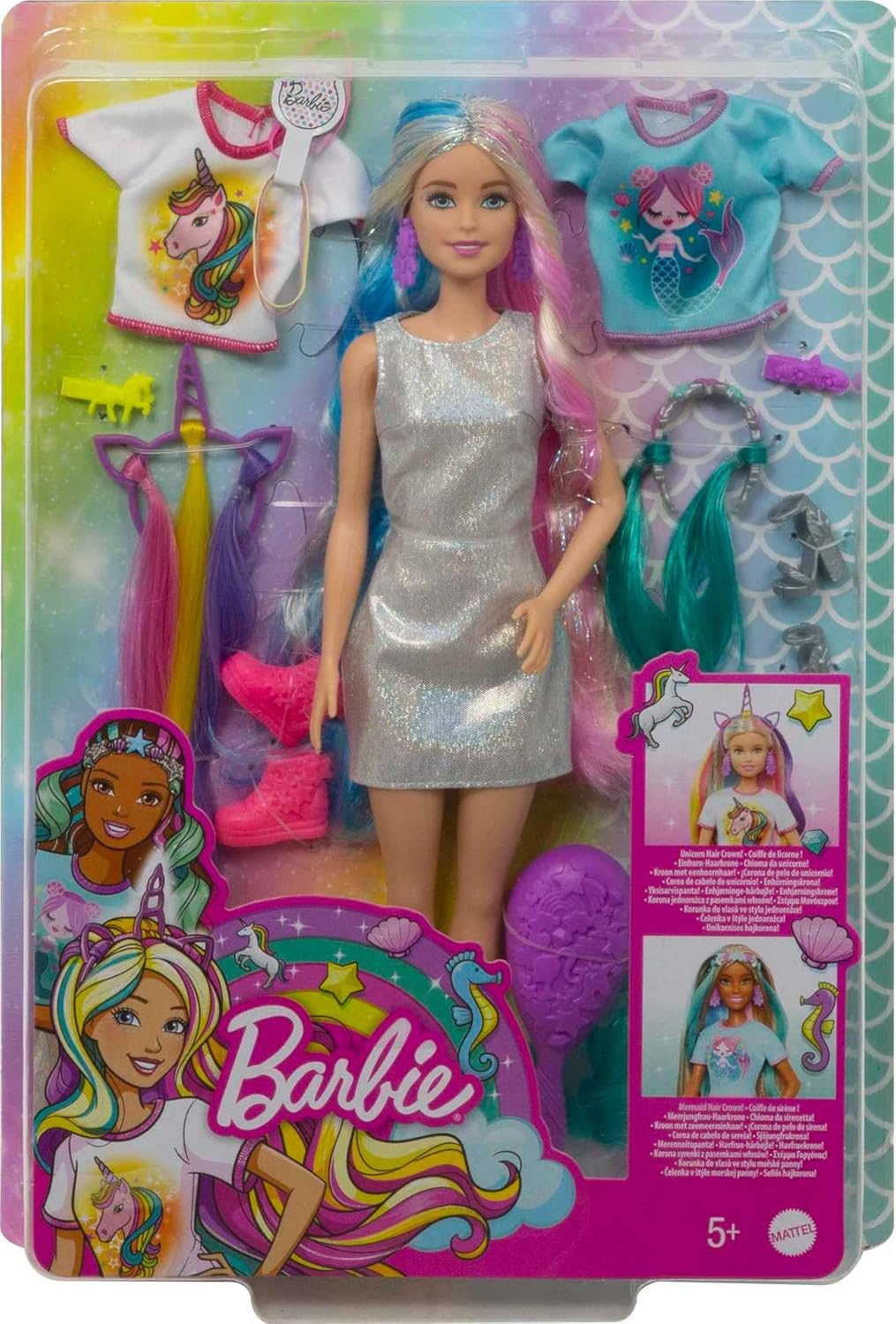 Barbie Fantasy Hair – Muñeca con 2 Looks de Fantasía: Unicornio y Sirena + Accesorios